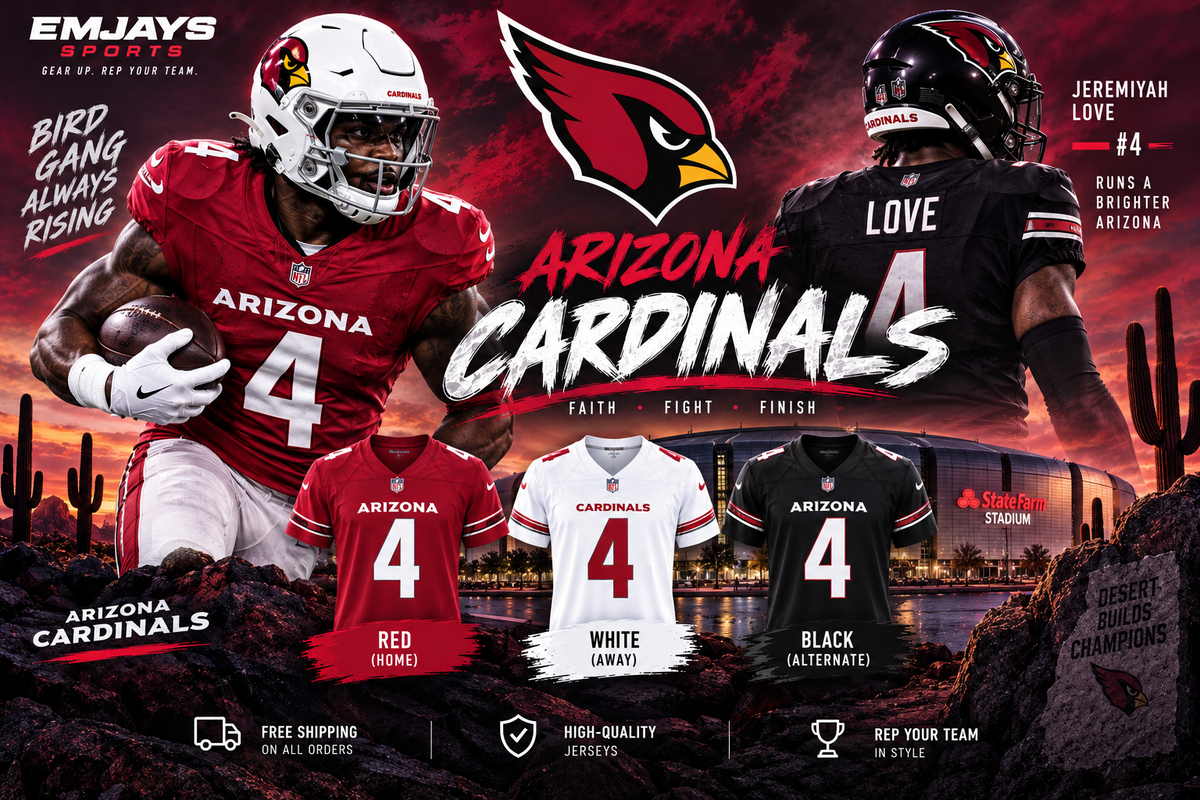 Arizona Cardinals graphic featuring Jeremiyah Love number 4 with red white and black jersey samples