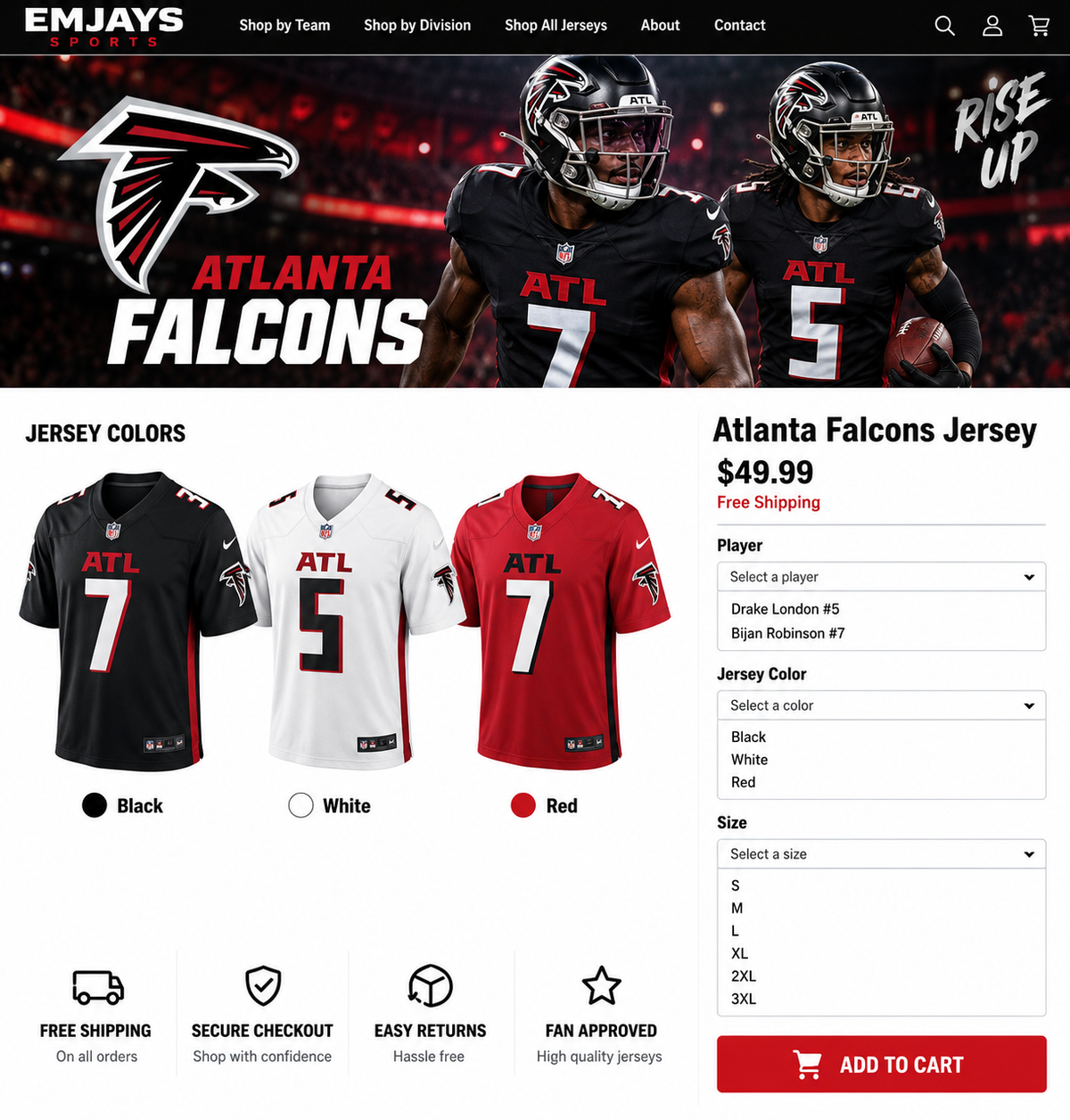 Atlanta Falcons jersey color previews for black, white, and red jerseys