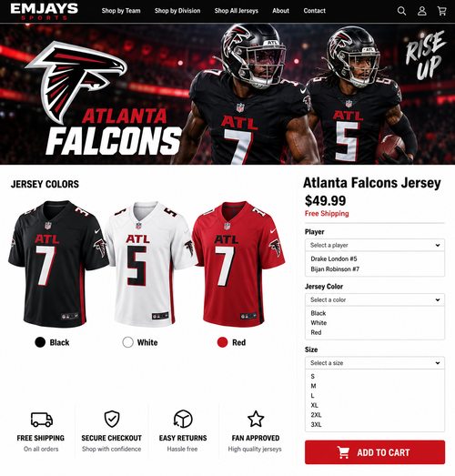 Atlanta Falcons jersey color previews for black, white, and red jerseys