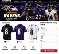 Baltimore Ravens jerseys featuring Lamar Jackson, Derrick Henry and Kyle Hamilton with black, purple and white jersey samples