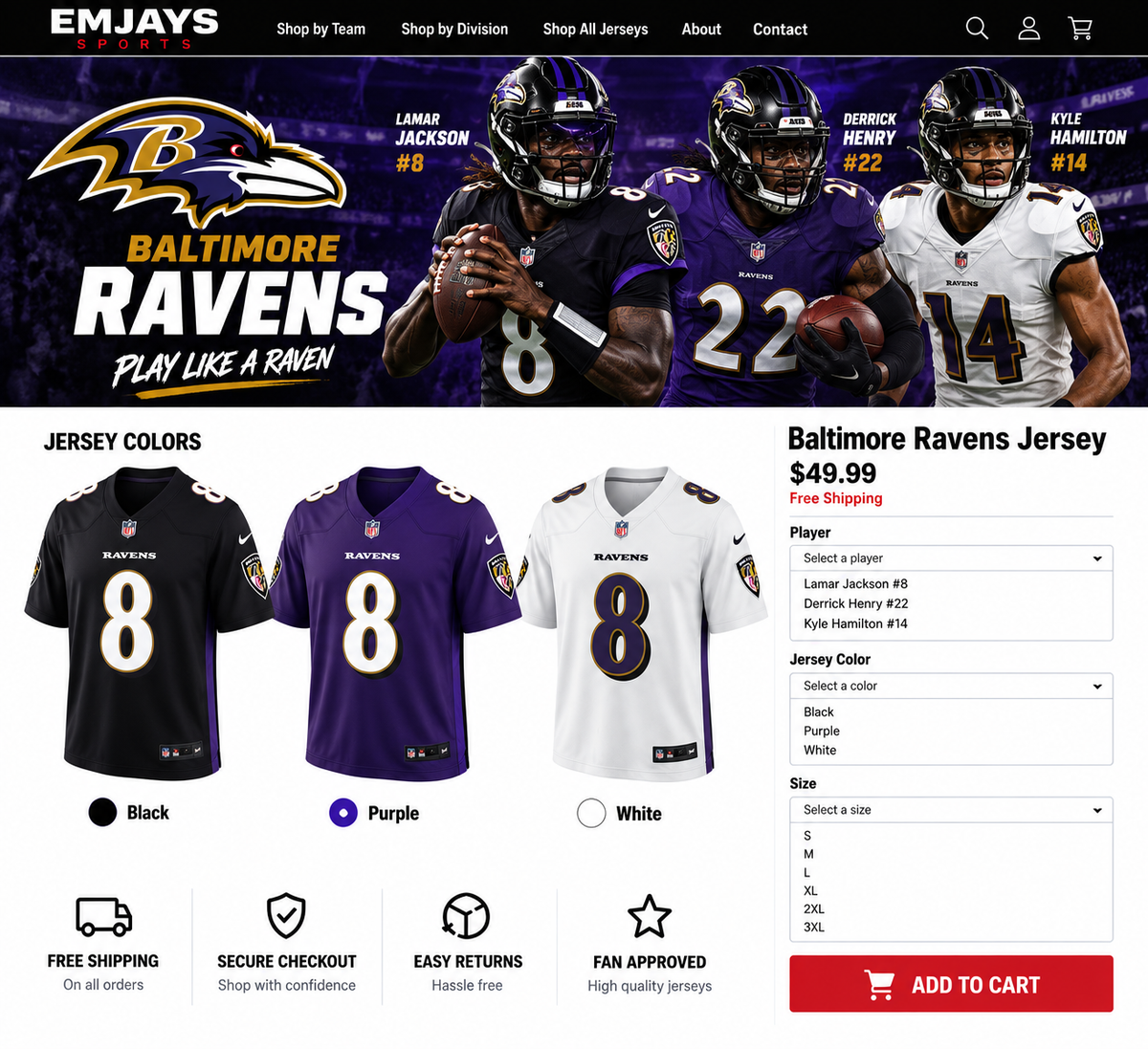 Baltimore Ravens jerseys featuring Lamar Jackson, Derrick Henry and Kyle Hamilton with black, purple and white jersey samples