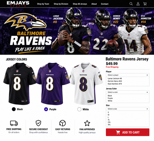 Baltimore Ravens jerseys featuring Lamar Jackson, Derrick Henry and Kyle Hamilton with black, purple and white jersey samples