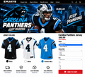 Carolina Panthers jersey page featuring McMillan #4 with black, white, and Panthers Blue jerseys