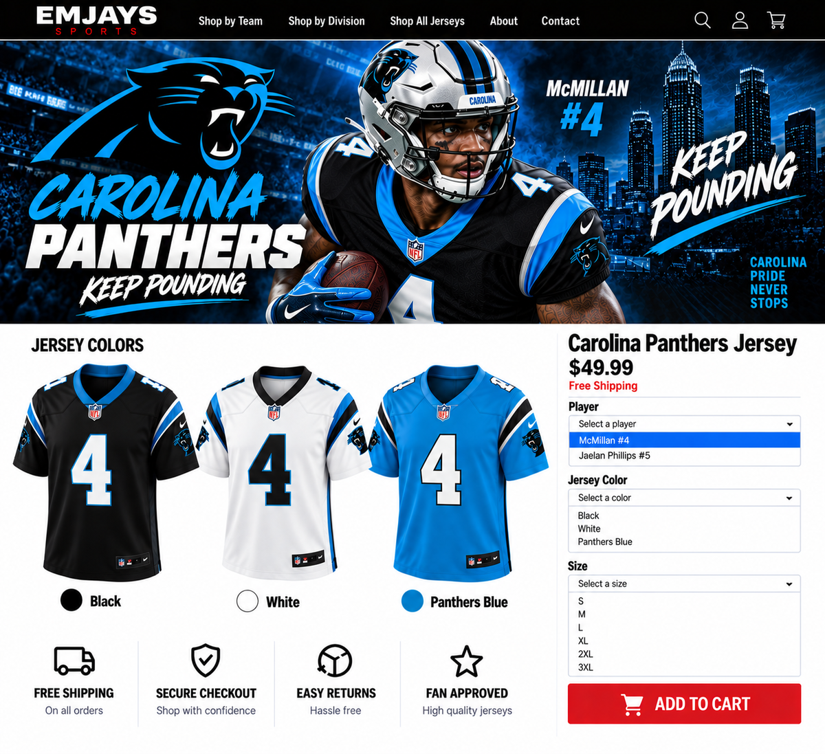 Carolina Panthers jersey page featuring McMillan #4 with black, white, and Panthers Blue jerseys