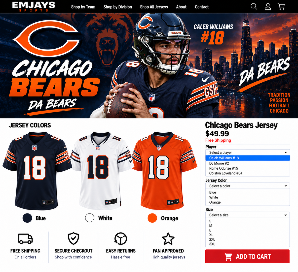 Chicago Bears jersey page featuring Caleb Williams with blue, white, and orange jersey samples