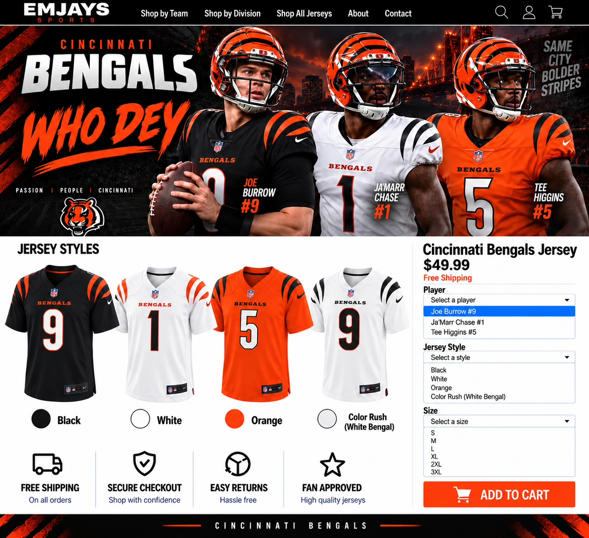Cincinnati Bengals jersey page featuring Joe Burrow, Ja'Marr Chase and Tee Higgins with WHO DEY and black white orange and Color Rush jersey samples
