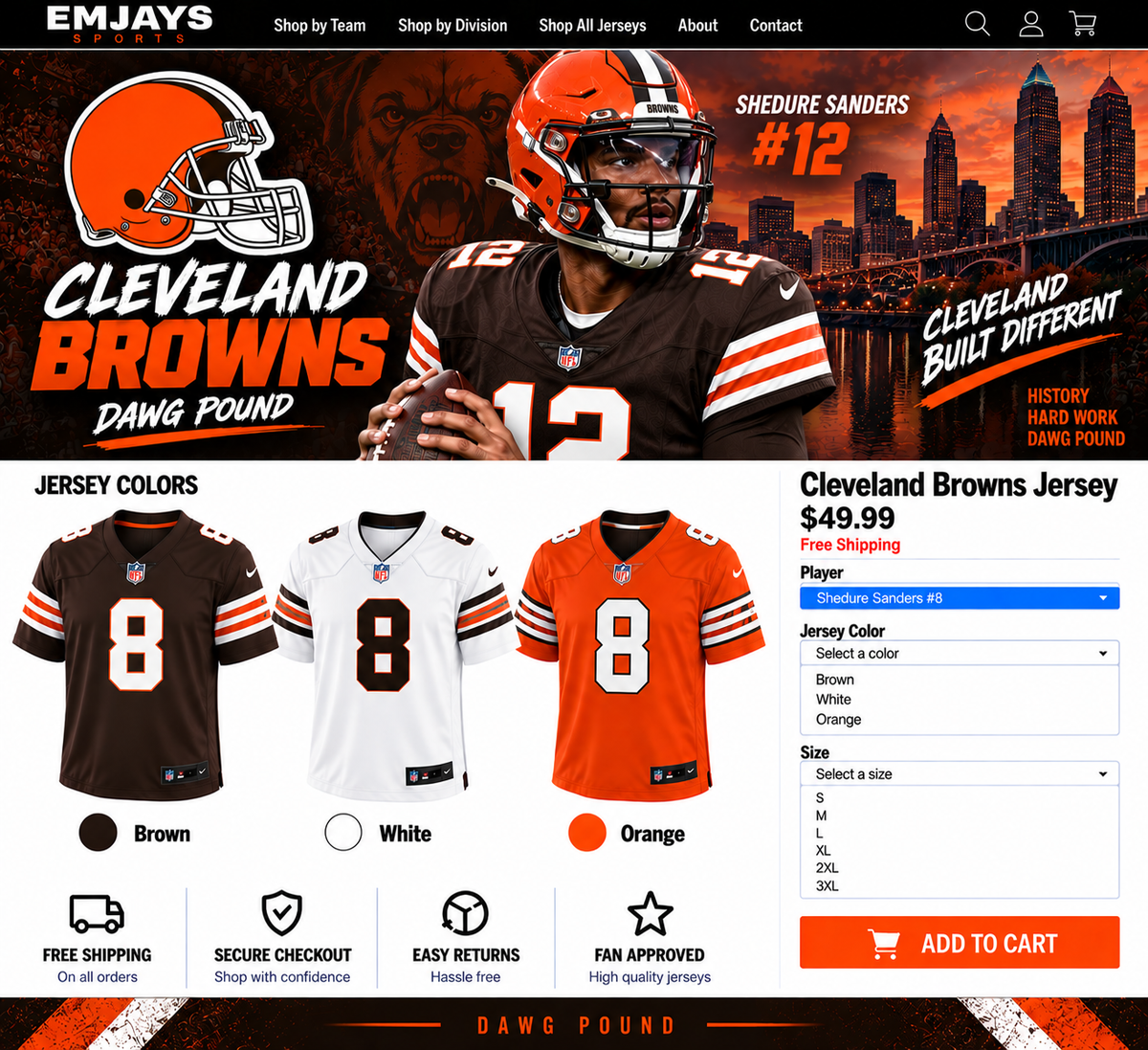 Cleveland Browns jersey page featuring Shedeur Sanders #12 with brown, white, and orange #8 jersey samples