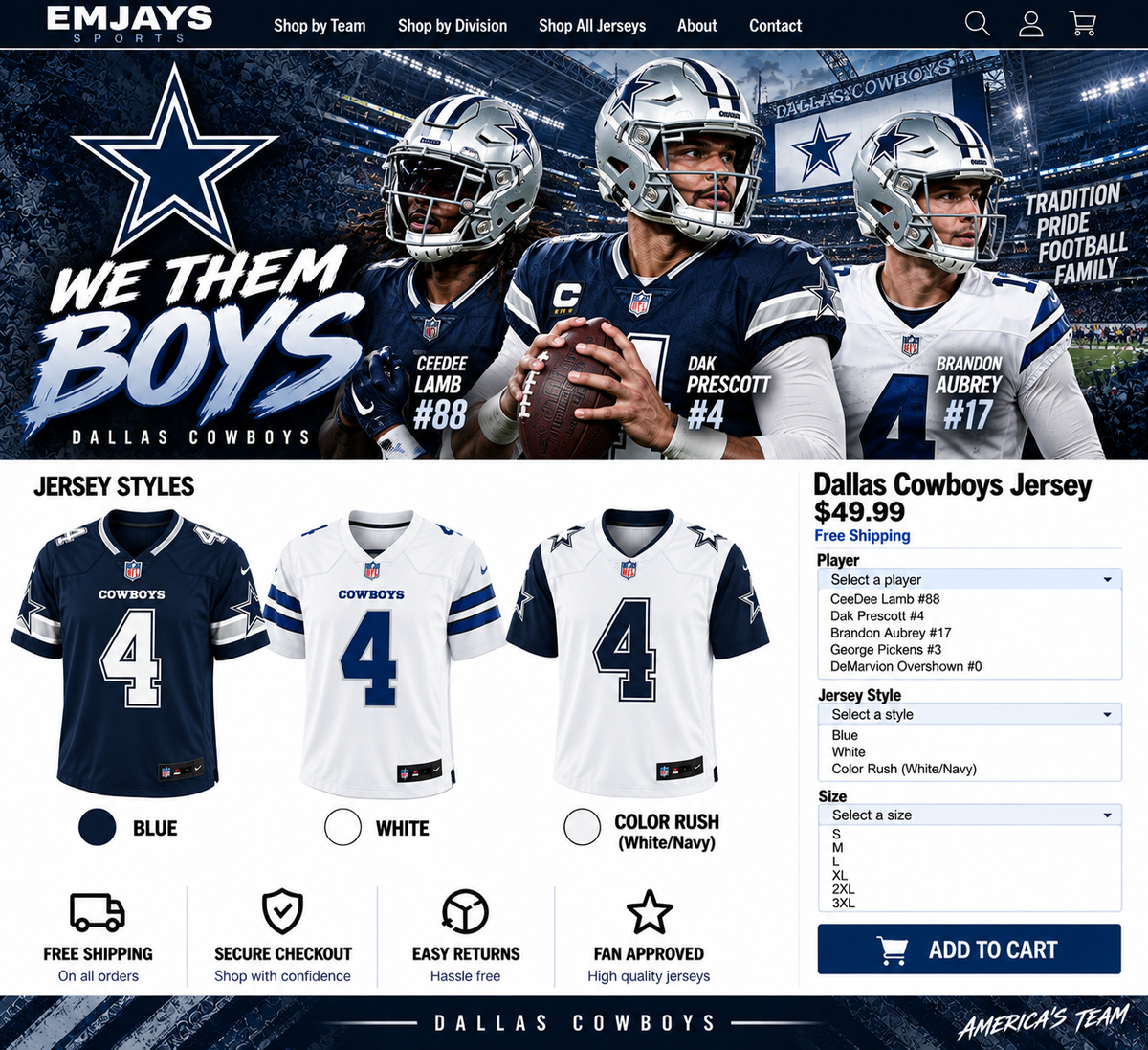 Dallas Cowboys jersey page with We Them Boys design and blue, white, and Color Rush jersey samples