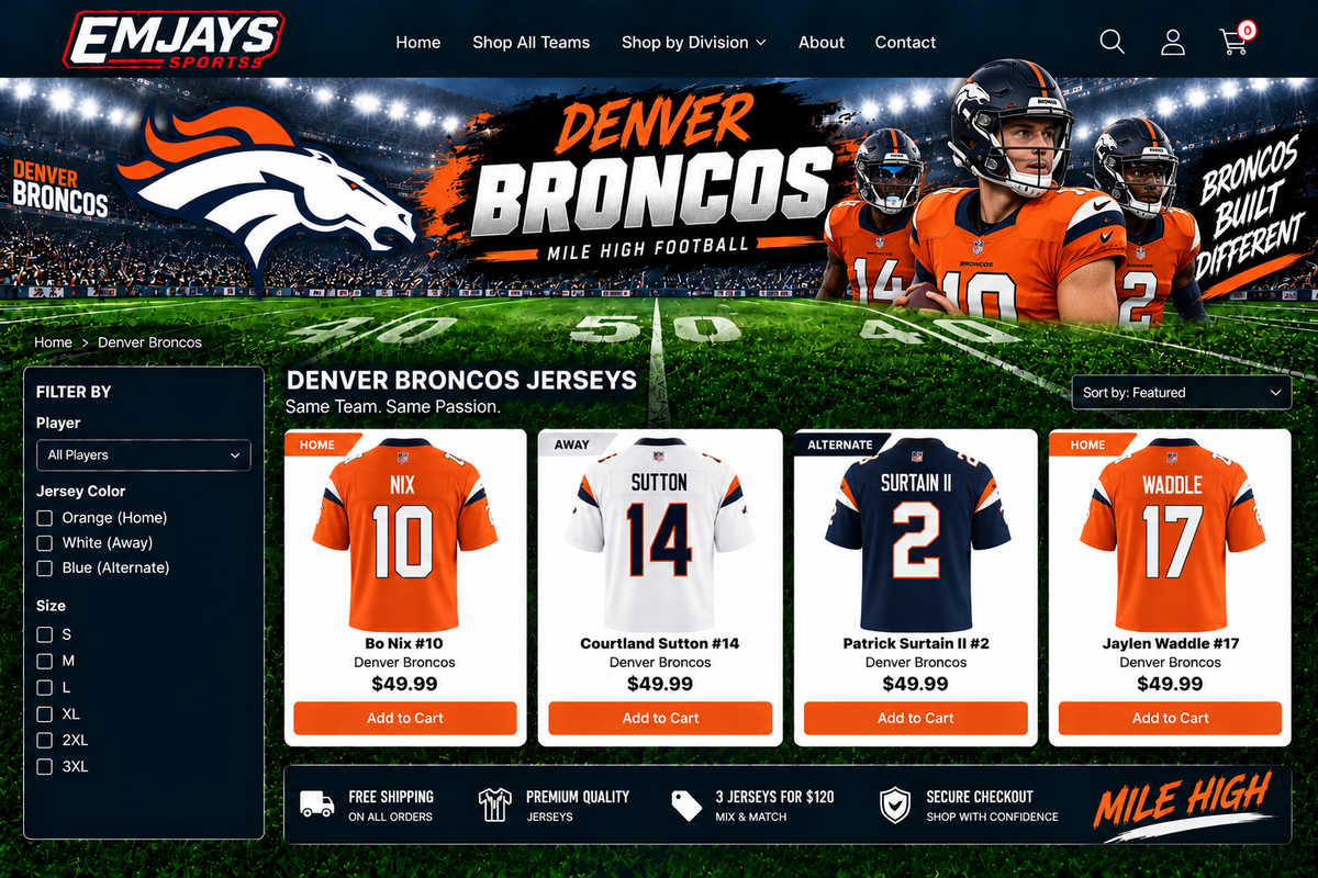 Emjays Sports Denver Broncos approved team page