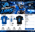 Detroit Lions jersey page featuring Jahmyr Gibbs #0 running the ball with blue, white, and black jersey samples