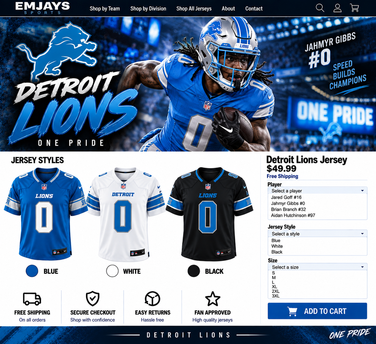 Detroit Lions jersey page featuring Jahmyr Gibbs #0 running the ball with blue, white, and black jersey samples