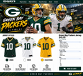 Green Bay Packers jersey page featuring Jordan Love #10 and Micah Parsons #1 with green, white, and gold Color Rush jersey samples