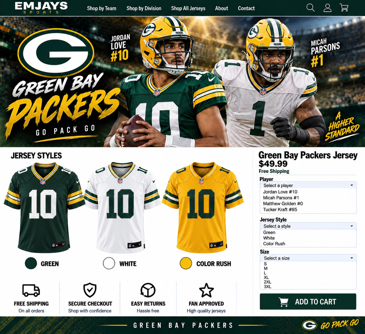 Green Bay Packers jersey page featuring Jordan Love #10 and Micah Parsons #1 with green, white, and gold Color Rush jersey samples