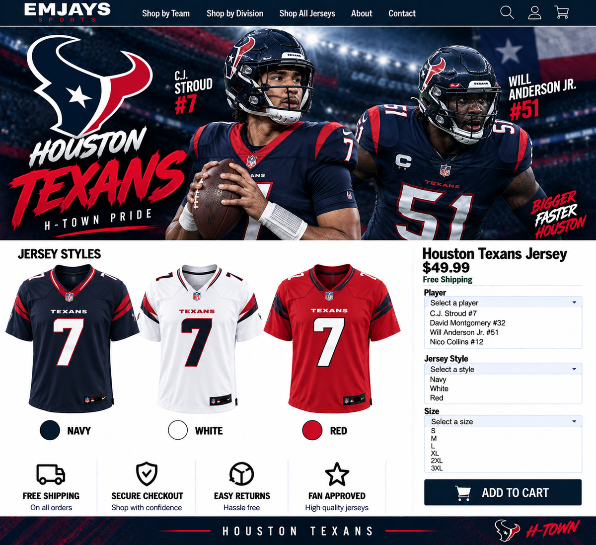 Houston Texans jersey page featuring C.J. Stroud #7 and Will Anderson Jr. #51 with navy, white, and red jersey samples