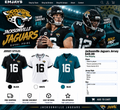 Jacksonville Jaguars jersey page featuring Trevor Lawrence #16 and Travis Hunter #12 with black, white, and blue jersey samples
