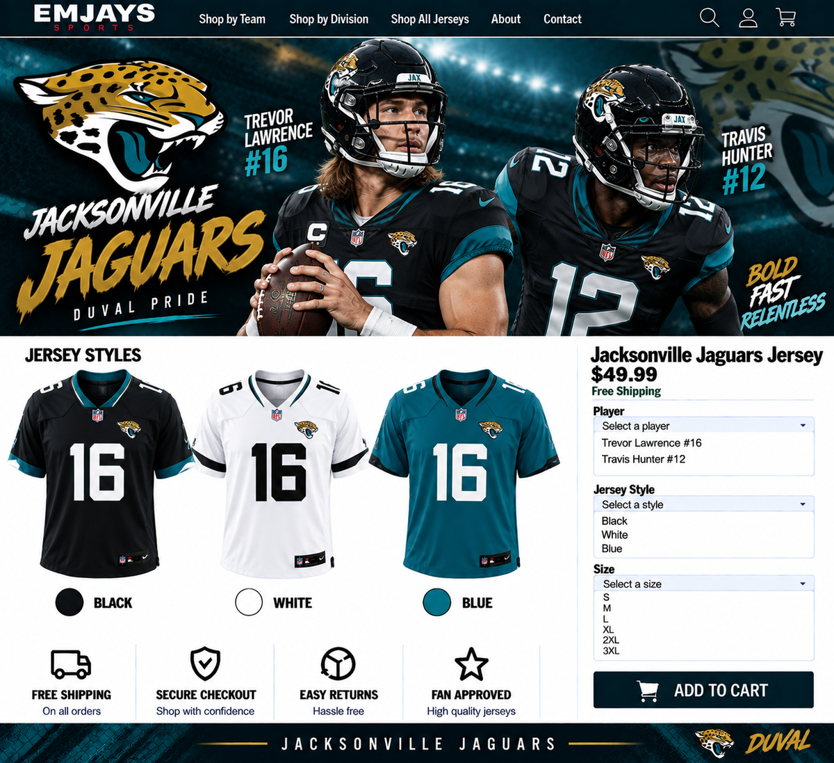 Jacksonville Jaguars jersey page featuring Trevor Lawrence #16 and Travis Hunter #12 with black, white, and blue jersey samples