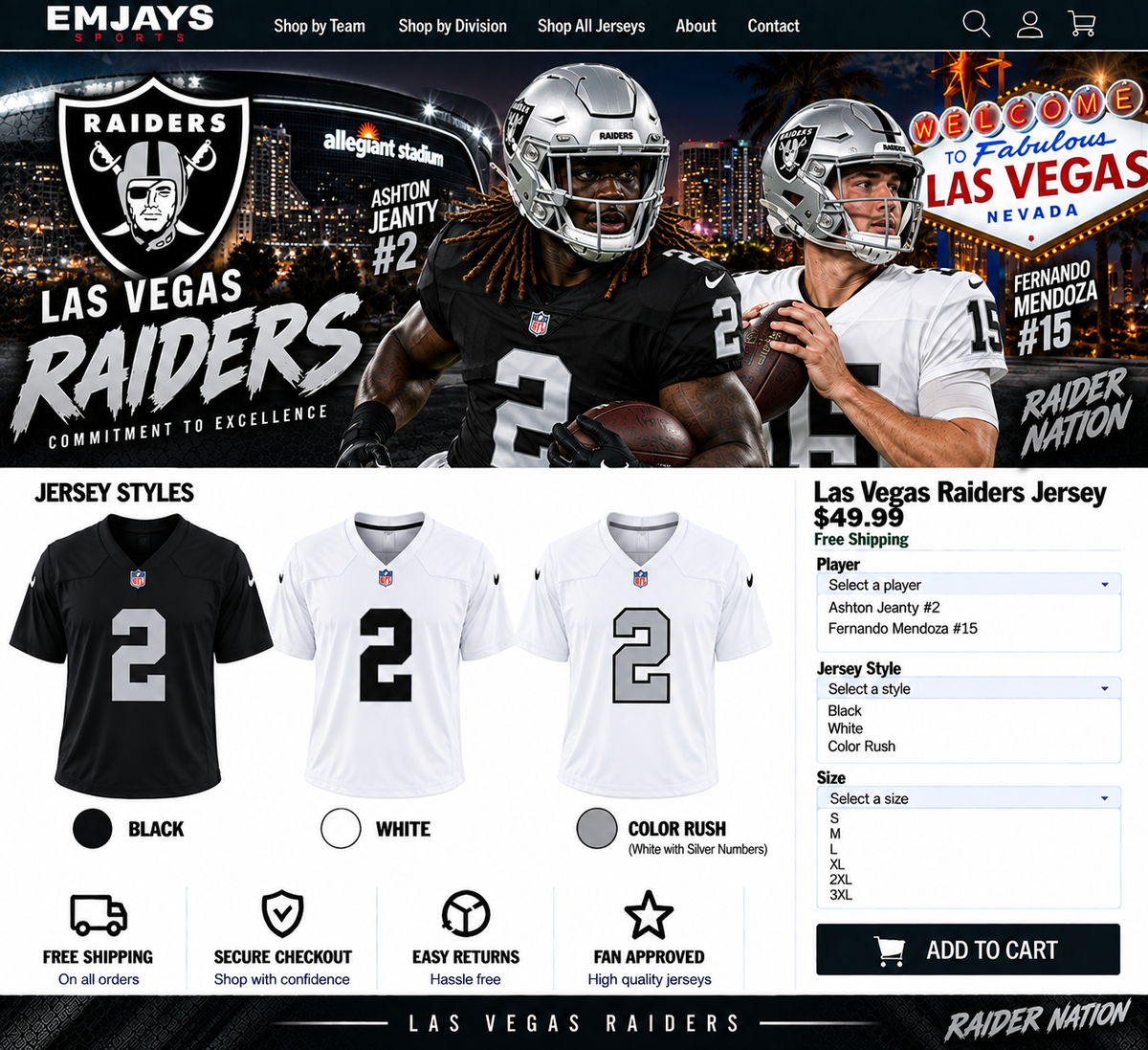 Las Vegas Raiders jersey page featuring Ashton Jeanty #2 and Fernando Mendoza #15 with black, white, and Color Rush jersey samples