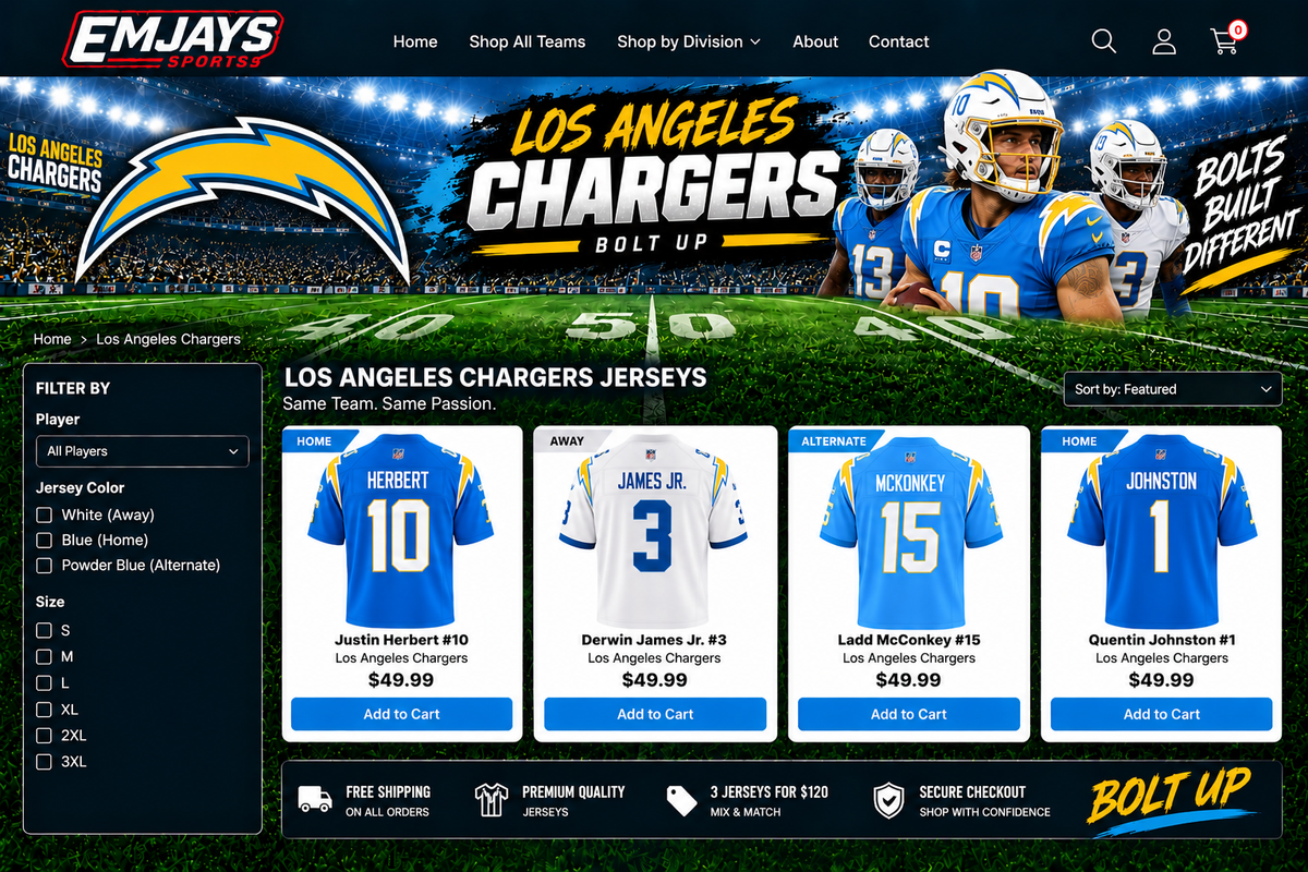 Emjays Sports Los Angeles Chargers approved team page