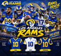 Los Angeles Rams graphic featuring Aaron Donald, Puka Nacua, Matthew Stafford, Davante Adams, and Myles Garrett with blue white and throwback jersey samples