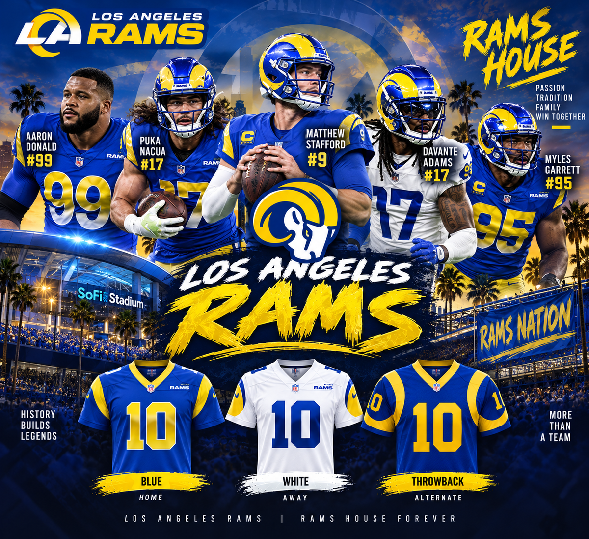 Los Angeles Rams graphic featuring Aaron Donald, Puka Nacua, Matthew Stafford, Davante Adams, and Myles Garrett with blue white and throwback jersey samples