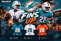 Miami Dolphins Fins Up graphic featuring Malik Willis and De'Von Achane with blue white and orange jersey samples