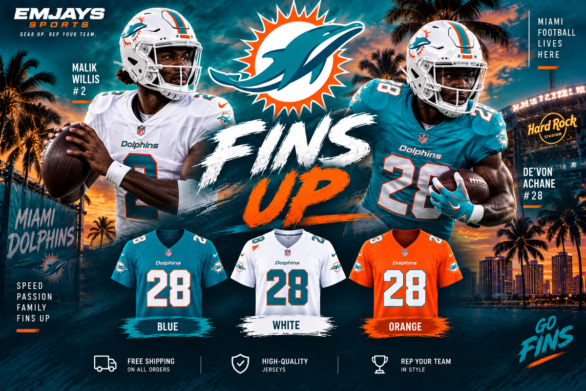 Miami Dolphins Fins Up graphic featuring Malik Willis and De'Von Achane with blue white and orange jersey samples
