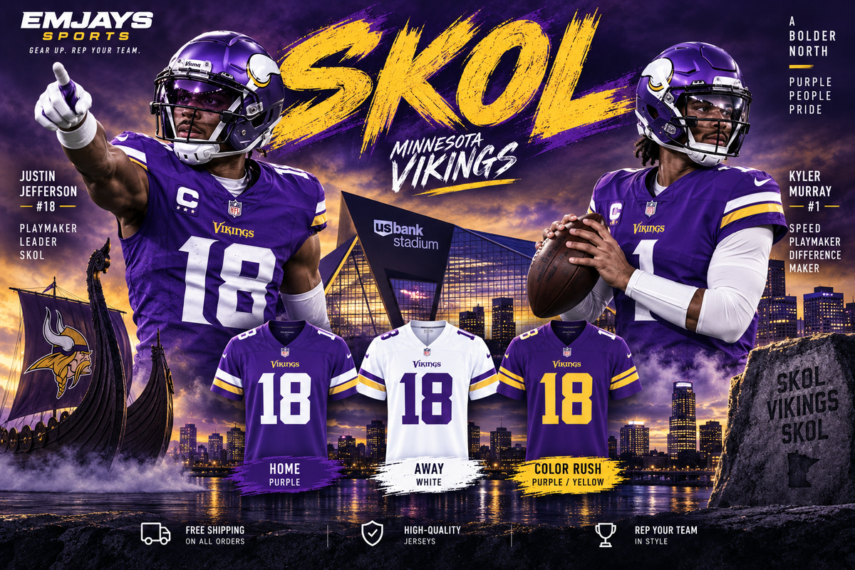 Minnesota Vikings SKOL graphic featuring Justin Jefferson and Kyler Murray with Home Purple, Away White, and Color Rush Purple Yellow jersey samples
