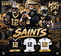 New Orleans Saints Who Dat graphic featuring Chris Olave with black white and Color Rush jersey samples
