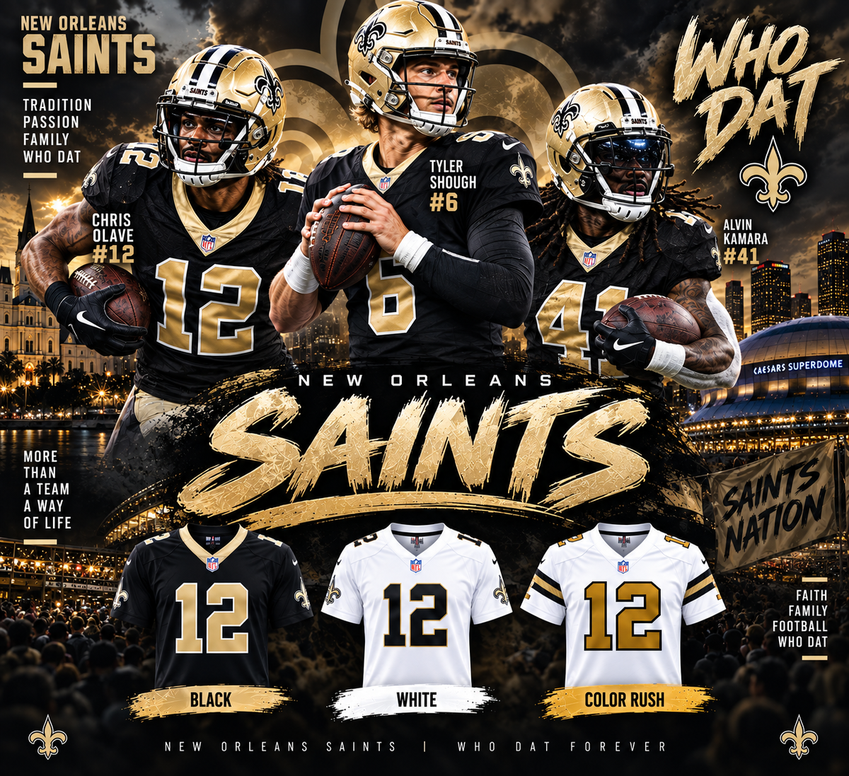New Orleans Saints Who Dat graphic featuring Chris Olave with black white and Color Rush jersey samples