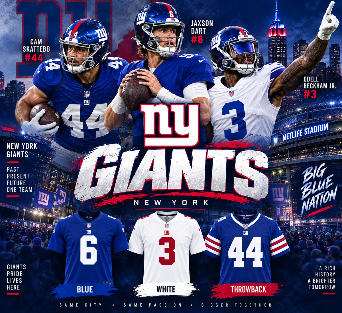 New York Giants graphic featuring Cam Skattebo, Jaxson Dart, Odell Beckham Jr. number 3, and blue white and throwback striped jerseys