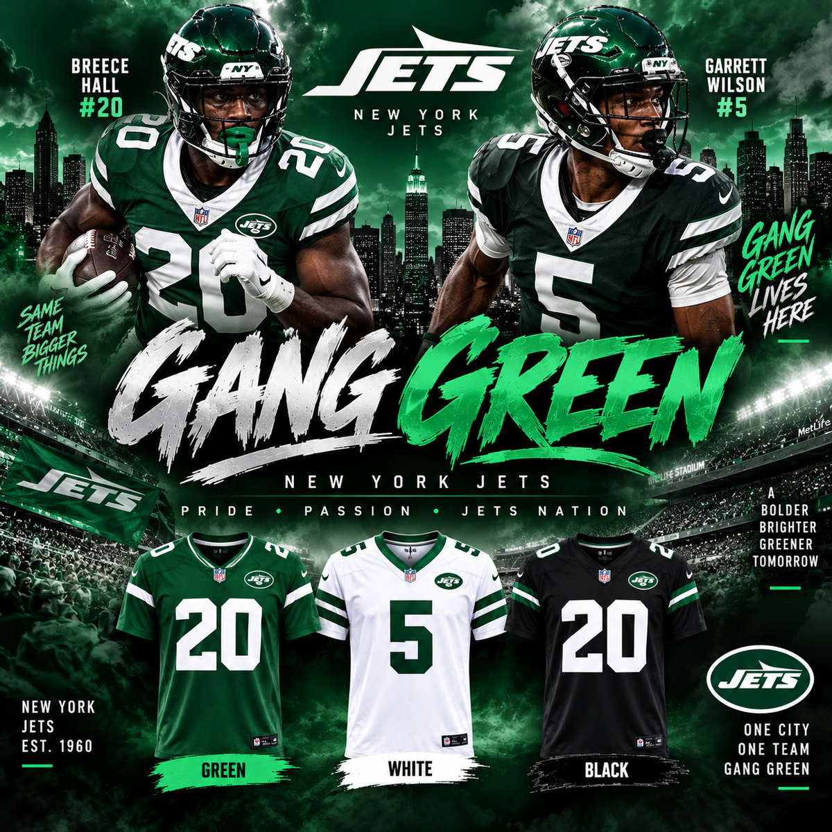 New York Jets Gang Green graphic featuring Breece Hall and Garrett Wilson with green white and black jersey samples