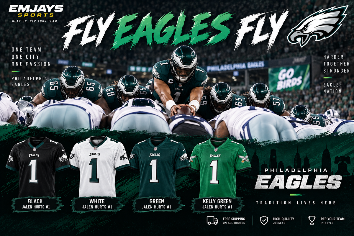Philadelphia Eagles Fly Eagles Fly graphic with Jalen Hurts tush push and black white green and Kelly green jersey samples