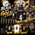 Pittsburgh Steelers Black and Gold graphic featuring Aaron Rodgers, DK Metcalf, Michael Pittman Jr., six Super Bowl championships, and black white and Color Rush jerseys