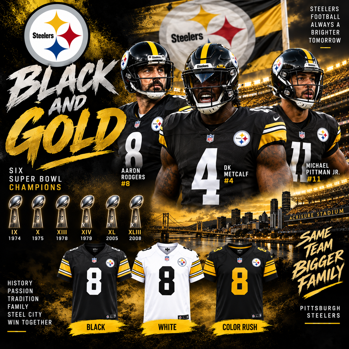 Pittsburgh Steelers Black and Gold graphic featuring Aaron Rodgers, DK Metcalf, Michael Pittman Jr., six Super Bowl championships, and black white and Color Rush jerseys