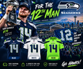Seattle Seahawks jersey promotion featuring Sam Darnold, 12th Man, and blue, white, and neon jerseys