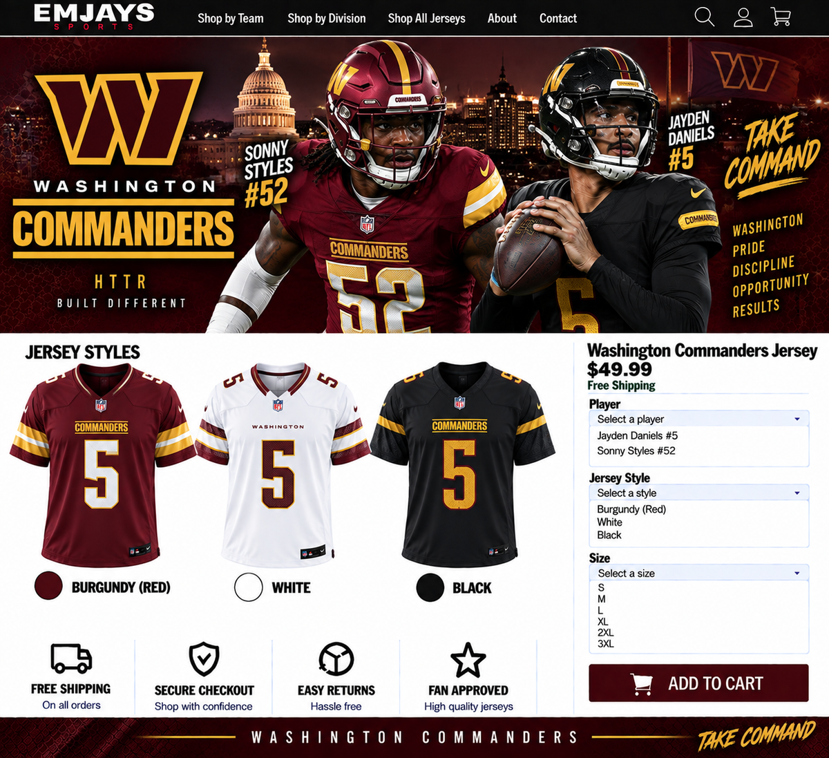 Washington Commanders jersey page featuring Sonny Styles #52 and Jayden Daniels #5 with burgundy, white, and black jersey samples